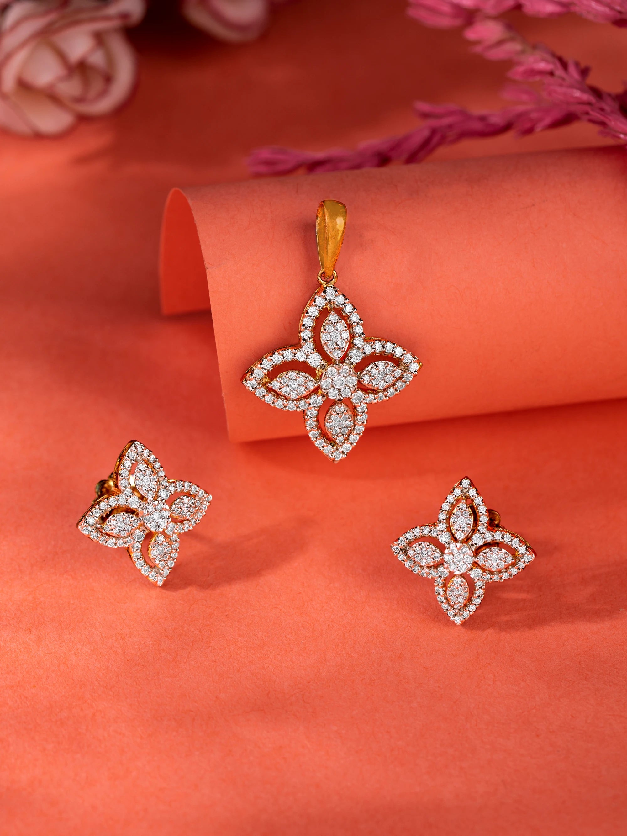 Refined Floral Radiance Diamond Pendant and Earrings Set Audiam